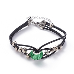 Green Cowhide Leather Cord Multi-strand Bracelets, with Glass European Beads, Brass Spacer Beads, Iron Ribbon Ends and 304 Stainless Steel Lobster Claw Clasps, Green, 7-1/2 inch(19cm), 6~16mm