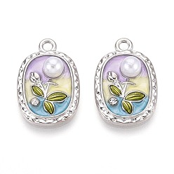 Платина Подвески из сплава с покрытием из стразов и эмали, прямоугольник и цветок, с ABS имитации жемчуга, платина, 23x15x5.5 мм, отверстие : 2 мм