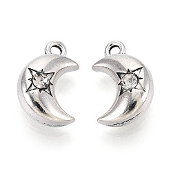 Античное Серебро Подвески из сплава в тибетском стиле, со стразами, луна, античное серебро, 14.5x9.5x6 мм, отверстие : 1.6 мм