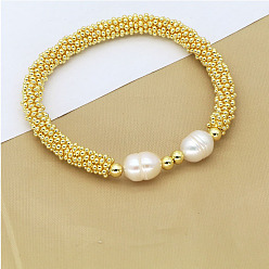 Золотой 304 Женские браслеты из круглых бусин из нержавеющей стали, с латунью и пресноводным жемчугом, золотые, 6-3/4 дюйм (17 см)