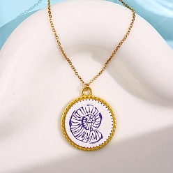 Плоский Круглый Подвеска в форме раковины из акрила с морской тематикой 201 цепочка из нержавеющей стали для женщин, золотые, синий и белый, плоско-круглые, 16.10 дюйм (40.9 см)