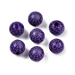 Фиолетовый Хэллоуин печатные паутины цветные деревянные европейские бусины, бусины с большим отверстием, круглые, фиолетовые, 16 мм, отверстие : 4 мм