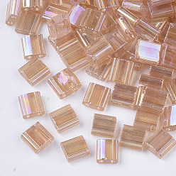 Dark Salmon 2-Hole Glass Seed Beads, Transparent Colours Rainbow, Rectangle, Dark Salmon, 5x4.5~5.5x2~2.5mm, Hole: 0.5~0.8mm