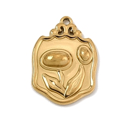 Plaqué 18K Or Véritable Pendentifs en acier inoxydable, bouclier orné de charmes floraux, placage ionique (ip), réel 304 k plaqué or, 18mm, Trou: 20x14x3mm