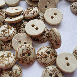 Khaki Carved 2-hole Basic Sewing Buttonr., Coconut Button, Khaki, about 12mm in diameter, about 100pcs/bag