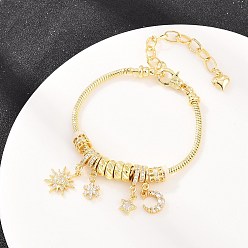 Настоящее золото 18K Браслеты из латуни с микропаве, прозрачными кубическими циркониями и европейскими бусинами-шармами., Цепочка-змейка с подвесками в виде солнца, звезды, сердца и снежинки — украшение для женщин., долговечный, стойки покрытие, без свинца и без кадмия, реальный 18 k позолоченный, 6.85 дюйм (17.4 см)
