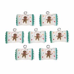 Medium Turquoise Christmas Theme Transparent Resin Pendants, with Platinum Tone Iron Loops, Candy Bag Charm with Gingerbread Man Charm Pattern, Medium Turquoise, 17x20.5x5mm, Hole: 2mm