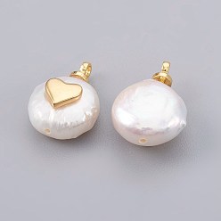 Real 18K Gold Plated Natural Cultured Freshwater Pearl Pendants, with Brass Findings, Long-Lasting Plated, Heart, Real 18K Gold Plated, 14~21x9~16x5~9mm, Hole: 1.5mm