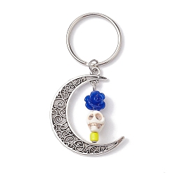 Королевский синий 5Брелок из сплава, синтетической бирюзы и смолы, луна, цветок, череп, королевский синий, 6.8 см