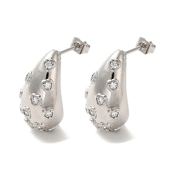 Platinum Brass with Cubic Zirconia Stud Earrings, Teardrop with Heart, Lead Free & Cadmium Free, Long-Lasting Plated, Platinum, 22x12mm