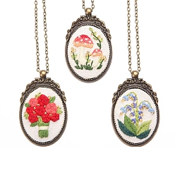 Red DIY Embroidery Oval with Flower Pattern Pendant Necklace Kits, Including Embroidery Cloth & Thread, Needle, Embroidery Hoop, Red, 120x120mm