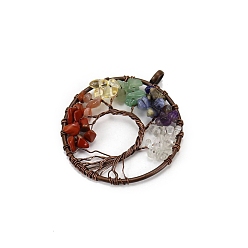 Плоский Круглый Древо жизни из натуральных и синтетических драгоценных камней с подвесками в металлической проволоке, Красная медь, плоско-круглые, 50 мм