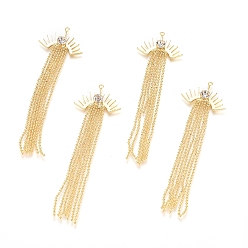 Golden Brass Micro Pave Cubic Zirconia Pendants, with Ball Chains Tassel, Long-Lasting Plated, Eye, Clear, Golden, 78x24.5x5.5mm, Hole: 1.4mm
