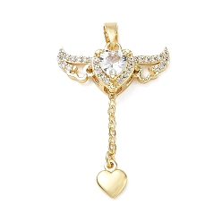 Golden Brass Micro Pave Clear Cubic Zirconia Pendants, with Glass, Heart with Wing Charms, Golden, 34x16x2mm, Hole: 5x2mm
