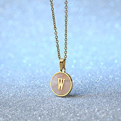 Letter W Плоские круглые ожерелья с инициалами из нержавеющей стали с натуральными белыми ракушками для женщин, золотые, цвет морской раковины, Буква W, 18.11 дюйм (46 см)