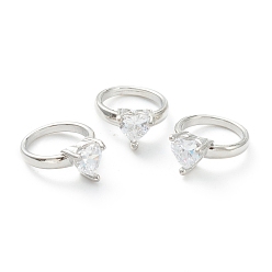 Платина Товаров двойного назначения, кольца или подвески на пальцы из латуни с микропаве из прозрачного кубического циркония, кольцо-солитер, сердце, платина, 15x12x6 мм, внутренний диаметр: 9.5 мм