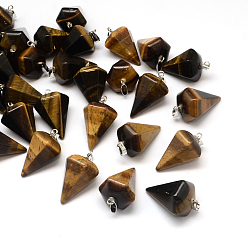 Тигровый глаз Конус / шип / маятник натуральный тигр глаз подвески, с латунной фурнитурой платинового цвета, 25~27x15~16x14 мм, отверстие : 3.5x7 мм