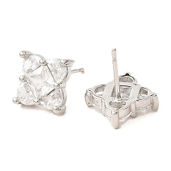 Платина Серьги-гвоздики из латуни с ромбами и цирконием, долговечный, без свинца и без кадмия, платина, 9x9 мм