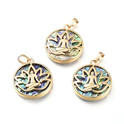 Golden Natural Abalone Shell/Paua Shell Chakra Pendants, with Brass Findings, Flat Round with Yoga, Golden, 31.5x27.5x5.5mm, Hole: 4.5x7mm