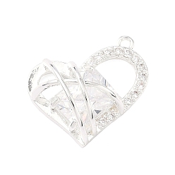 Посеребрённый Латунные микропаве прозрачные подвески с фианитом, сердце прелести, 925 серебро покрытием, 19x20x9 мм, отверстие : 1.4 мм