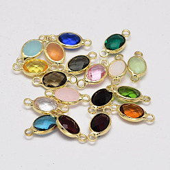 Mixed Color Oval Faceted Golden Brass Glass Links connectors, Mixed Color, 15x7x3.2mm, Hole: 1mm