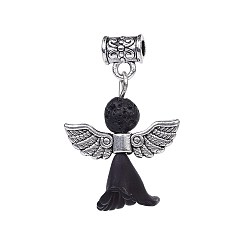Черный Прозрачные матовые акриловые цветочные подвески, с фурнитурой из сплава в тибетском стиле и бусинами из натуральной лавы, прекрасное свадебное платье ангел болтаться, чёрные, 30~31 мм, отверстие : 2.8 мм