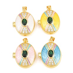 (52) Непрозрачная лаванда Подвески латуни медальон, с эмалью, стеклом и кубическим цирконием, без кадмия и без свинца, реальный 18 k позолоченный, стойки покрытие, долговечный, овальные амулеты, разноцветные, 26.5x21x9 мм, отверстие : 3x5 мм