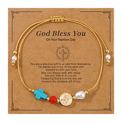 (932FM) Темно-синий аква-матовый с подкладкой Летние плетеные браслеты из латунного креста и синтетической бирюзы для женщин и мужчин, золотые, темно-золотистые, 11 дюйм (28 см)