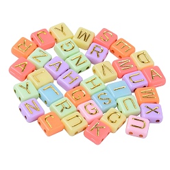 Mixed Color Opaque Acrylic Multi-Strand Links, Rectangle with Mixed Golden Letter, Mixed Color, 8.5x7.5x4mm, Hole: 1.5mm, about 780pcs/200g