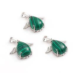 Малахит Синтетического малахита подвески, с латунными кабошонами, слеза, с крылом, 23~23.5x25x8~9 мм, отверстие : 8x5 мм