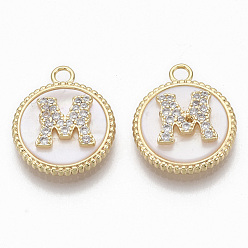 Letter M Brass Micro Pave Cubic Zirconia Pendants, with Shell, Flat Round with Letter, Nickel Free, Clear, Creamy White, Real 18K Gold Plated, Letter.M, 17x14x4mm, Hole: 1.8mm