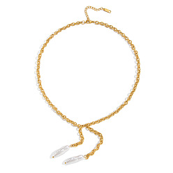 Real 18K Gold Plated 304 Stainless Steel Textured Cable Chain Faux Pearl Bar Tassel Pendant Necklaces for Women, White, Real 18K Gold Plated, 16.54 inch(42cm)