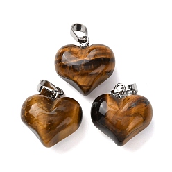 Тигровый глаз Природных тигровый глаз подвески, подвески-сердечки с латунными застежками на порожках, платина, 17x17.5x11 мм, отверстие : 6.5x4 мм