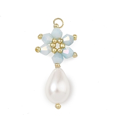 Light Sky Blue Electroplate Glass Pendants, Snowflake with Teardrop Charm, with 304 Stainless Steel Open Jump Rings & Glass Pearl & Glass Seed Beads, Faceted, Light Sky Blue, 31x15x9mm, Hole: 3mm