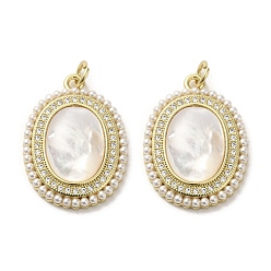 Real 18K Gold Plated Brass Pave Shell Pendants, Oval Charms with ABS Imitation Pearl, Real 18K Gold Plated, 24x17.5x5mm, Hole: 3.4mm