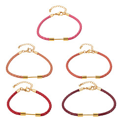 Mixed Color 5Pcs 5 Colors 3MM Braided Round Imitation Leather Cord Bracelet Making, with 304 Stainless Steel Lobster Clasps & Brass Beadable Bar, Golden, Rack Plating, Long-Lasting Plated, Mixed Color, 7-1/8 inch(18.2cm), Pin: 1mm, 1pc/color