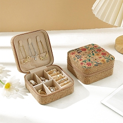 Цвет Древесины Пробковая шкатулка для драгоценностей, бархатом внутри, коробка для хранения ожерелья и сережек для путешествий, квадратные с цветком, деревесиные, 10x10x5 см