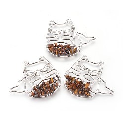 Tiger Eye Natural Tiger Eye Big Pendants, with Brass Findings, Animal, Platinum, 45x50.5x6mm