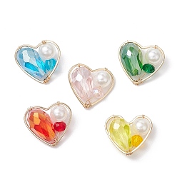 (52) Непрозрачная лаванда Стеклянные подвески, сердце, с искусственным жемчугом из АБС-пластика и соединительными кольцами из латуни, граненые, разноцветные, 18.5~19x21x10 мм