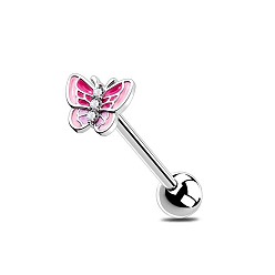 Бабочка 304 Прямые кольца для языка из нержавеющей стали с инкрустацией из прозрачного кубического циркония и эмалью., цвет нержавеющей стали, розовые, бабочка, штифты : 1.6 мм, Руководитель: 5 mm, длина стержня: 3/4"(19мм)