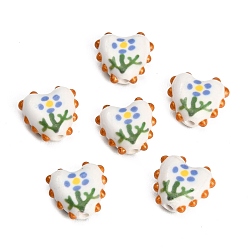 Cornflower Blue Handmade Porcelain Beads, Heart with Flower, Hand Painted, Famille Rose Porcelain, Cornflower Blue, 15.5~16.5x15.5~17x6.5~7.5mm, Hole: 2.5mm