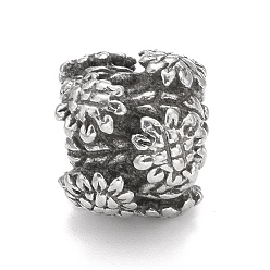 Antique Silver 304 Stainless Steel European Beads, Large Hole Beads, Column with Leaf Pattern, Antique Silver, 11x9.5mm, Hole: 4.5mm