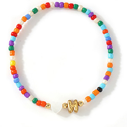 Letter N Красочные круглые браслеты из стеклянного бисера, эластичные, 304 Браслеты из нержавеющей стали с подвесками в виде ракушек для женщин, письмо и сердце, золотые, Письмо N, 6.89 дюйм (17.5 см)