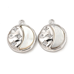 Real Platinum Plated Brass Micro Pave Clear Cubic Zirconia Pendants, with White Shell, Flat Round Charms, Real Platinum Plated, 15.8x13.5x3mm, Hole: 1.4mm