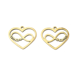 Настоящее золото 18K 201 подвески из нержавеющей стали, сердце с бесконечностью и словом мама брелок, реальный 18 k позолоченный, 15x18x1 мм, отверстие : 1.2 мм