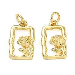 Golden Brass Pendants, Rectangle with Flower Charms, Rack Plating, Long-Lasting Plated, Cadmium Free & Lead Free, Golden, 15.5x9.5x5mm, Hole: 3mm