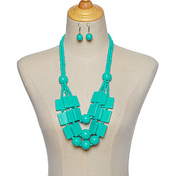 Бирюза Наборы из деревянных прямоугольных и круглых бусин, многослойные ожерелья и серьги-подвески, бирюзовые, 610 мм
