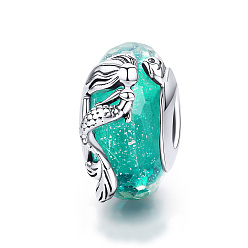Turquoise 925 Sterling Silver European Beads, with Lampwork, Rondelle with Mermaid, Antique Silver, Turquoise, 18x15mm
