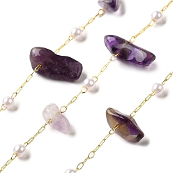 Аметист Цепочки из бисера ручной работы из натурального аметиста, пайки, с бусинами из АБС-пластика и фурнитурой из латуни с покрытием из стойки, долговечный, без свинца и без кадмия, с катушкой, реальный 18 k позолоченный, 5~10x3~6x2.5~6 мм