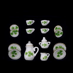 Clover Mini Porcelain Tea Set, including 2Pcs Teapots, 5Pcs Teacups, 8Pcs Dishes, for Dollhouse Accessories, Pretending Prop Decorations, Clover Pattern, 121x86x25mm, 15pcs/set